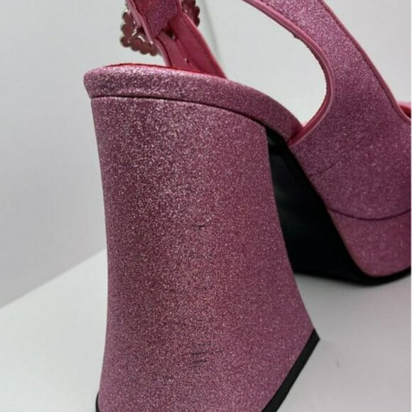 Sugar Thrillz Paradise Heart Pink Glitter Platform Heels with Heart clasp Size 7 - Picture 6 of 11